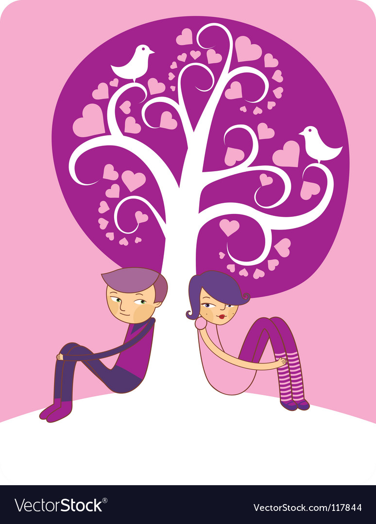 Cartoon boy and girl sitting under the love tree. Keywords: