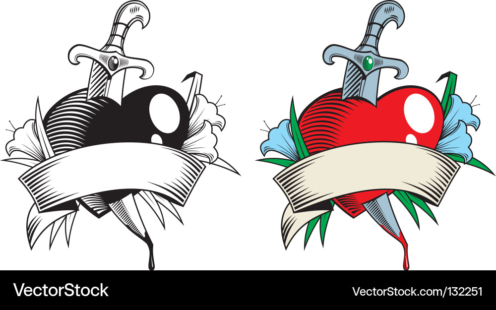Vector illustration in tattoo-style. Heart, dagger and flowers.