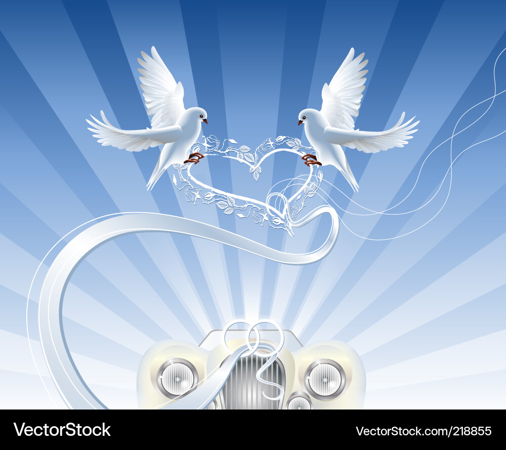Description Wedding collage with white doves soaring above the retro 