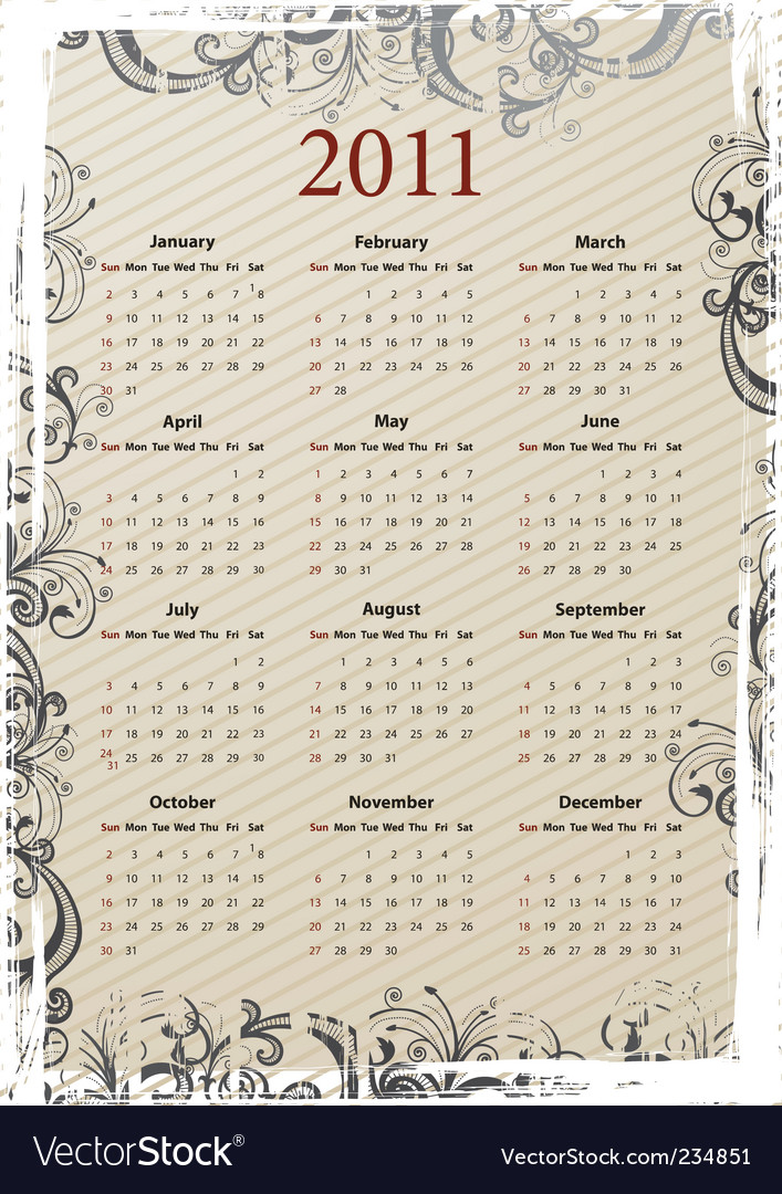 vector beige floral grungy american calendar 2011 starting from sundays