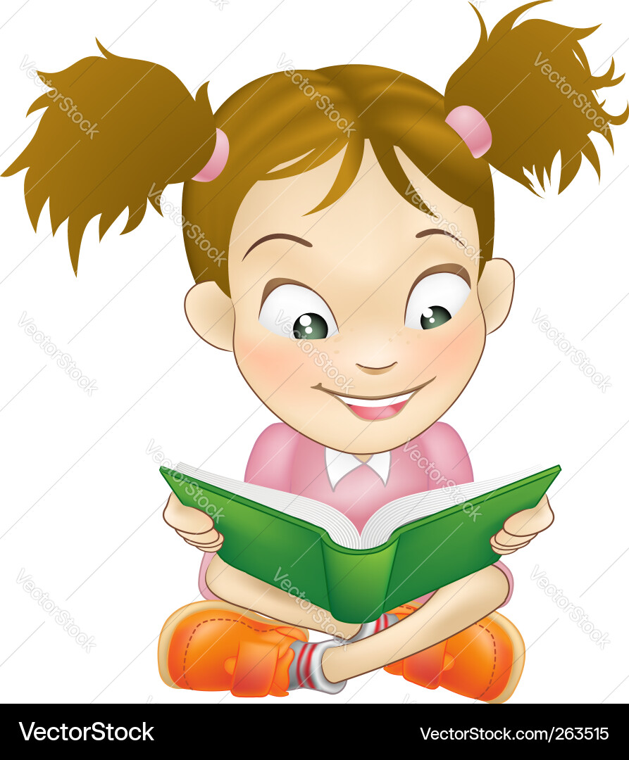 illustration of a young sweet girl child happily reading a book. Keywords: