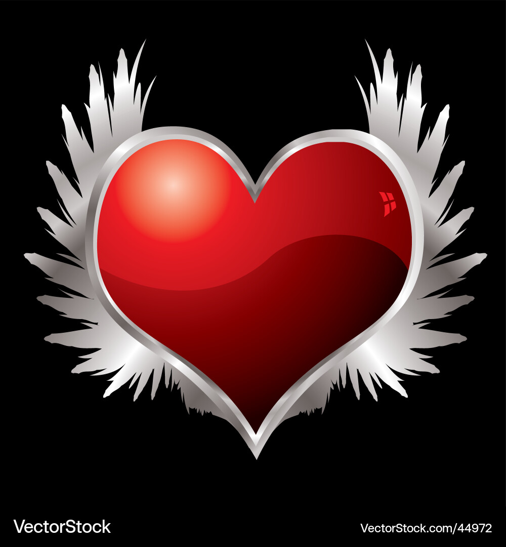 Red love heart with a silver bevel and metal wings. Keywords: love black 