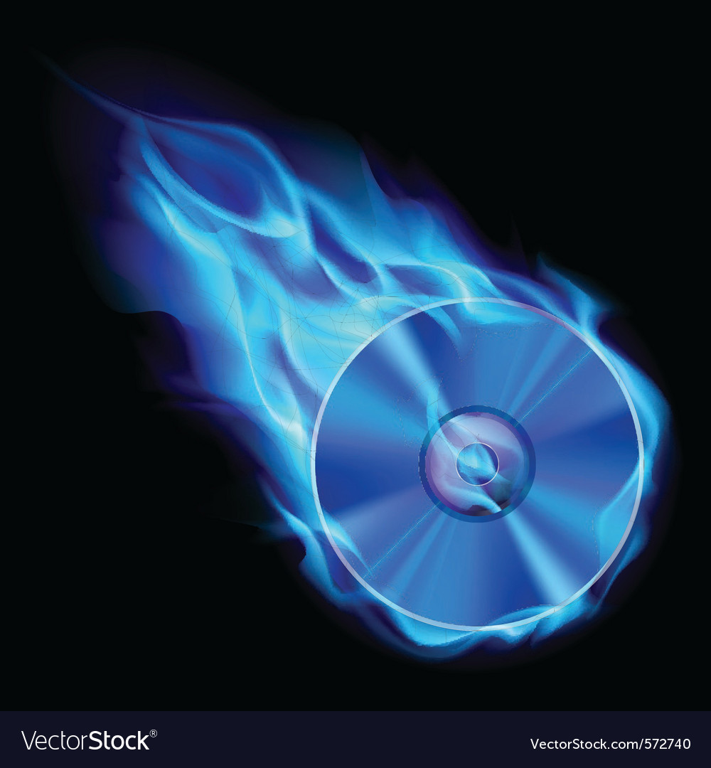Description burning blue cd on black background for design