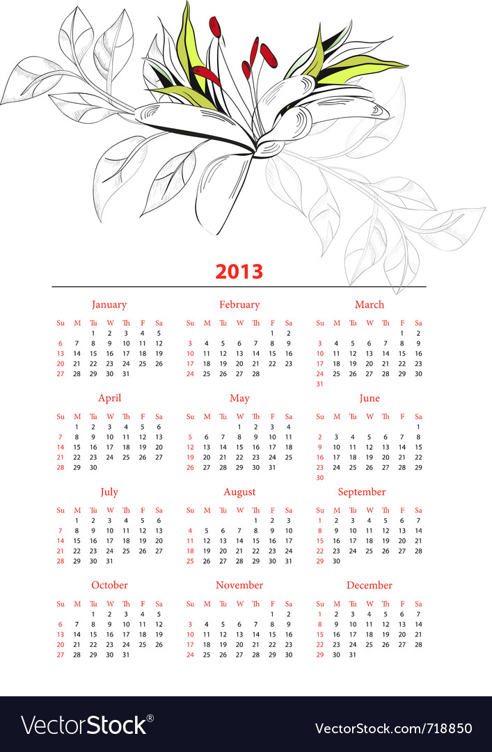 2013 Free Calendar Template on Template For Calendar 2013 With Flowers Vector 718850 By Ateli