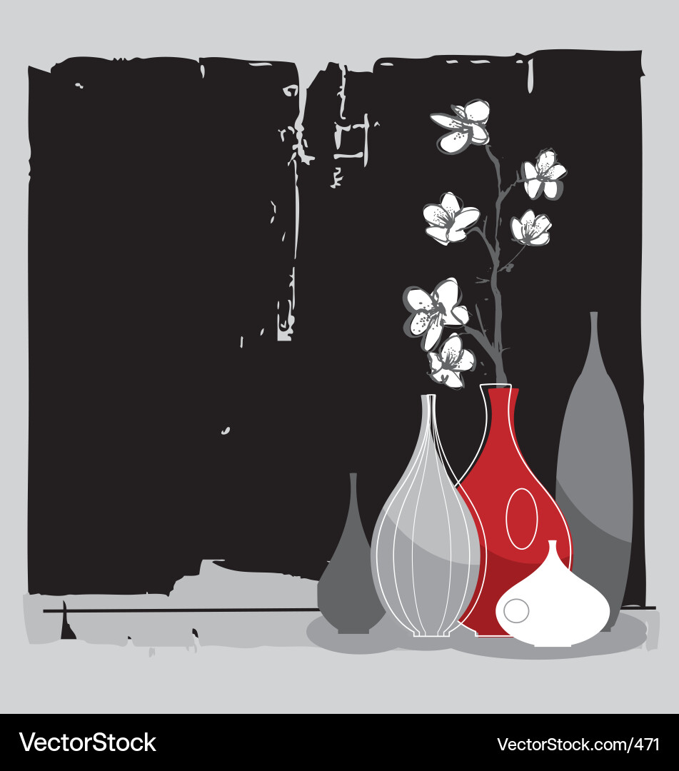 Description Ink style cherry blossom drawing with retro vases