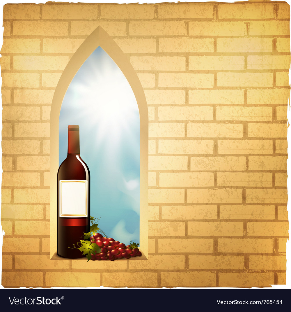 Red wine bottle in arc window
