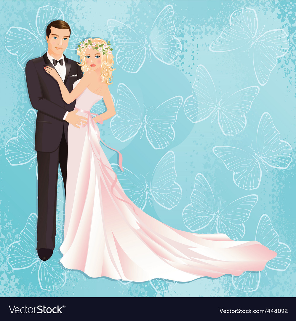 Description Illustration of bride and groom on blue background